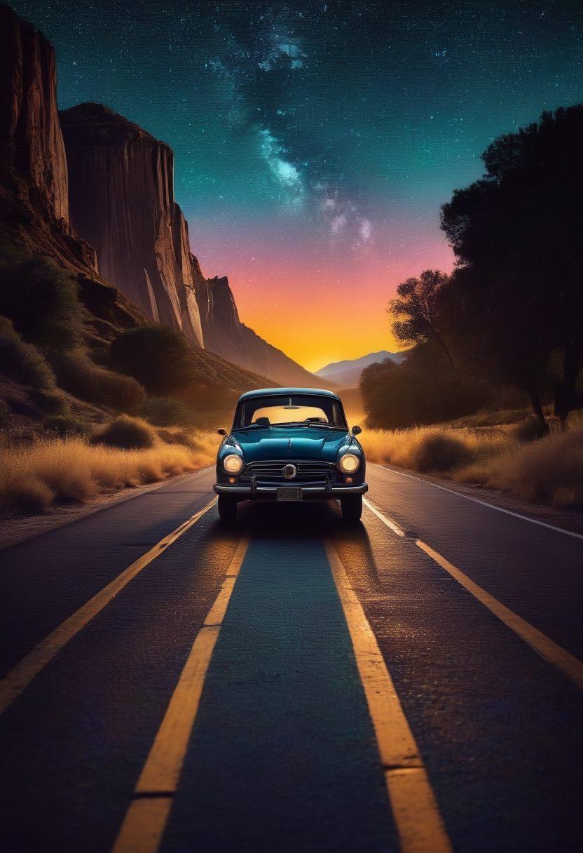 A cinematic collage featuring iconic scenes from lesser-known films, with a vintage film reel intertwined. Include vibrant colors depicting magical moments, surrounded by a starry night sky and an open road symbolizing a journey. Overlay silhouettes of classic film cameras and ticket stubs in the background. super-realistic. vibrant colors. cinematic style.