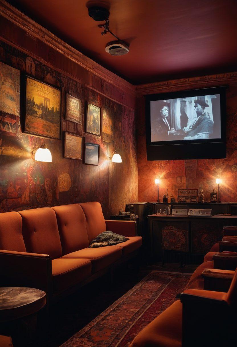 A dimly lit underground cinema filled with eclectic film posters, vintage projectors, and cozy seating. Include a diverse group of people engaged in animated discussions about films, with scenes playing on the screen that showcase alternative cinema aesthetics. The environment should have a moody, artistic vibe, blending shadows and warm hues to evoke a sense of discovery and excitement. surrealistic elements, vintage style, vibrant colors.